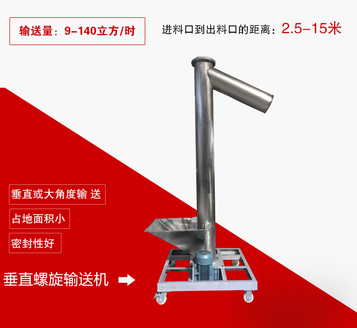 垂直螺旋輸送機用于垂直或大傾角輸送物料，輸送高度可達15米